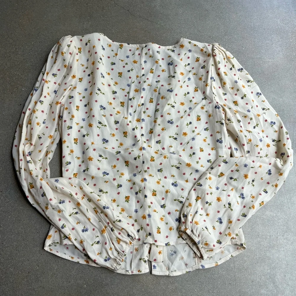 Reformation Ivory Floral V-Neck Button Blouse